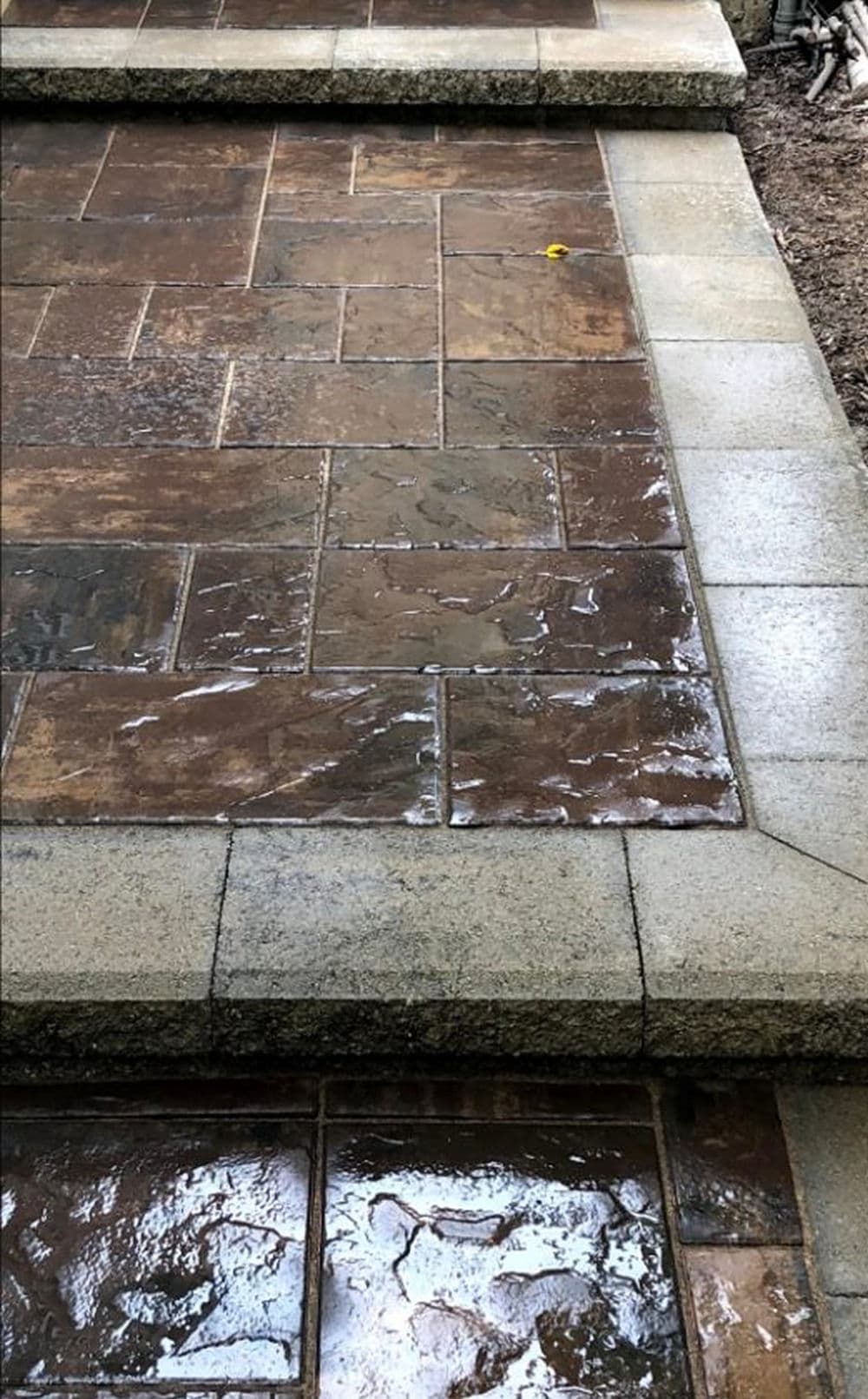Wet stamped concrete walkway with stone edging, showing rich brown tones and textured surface.