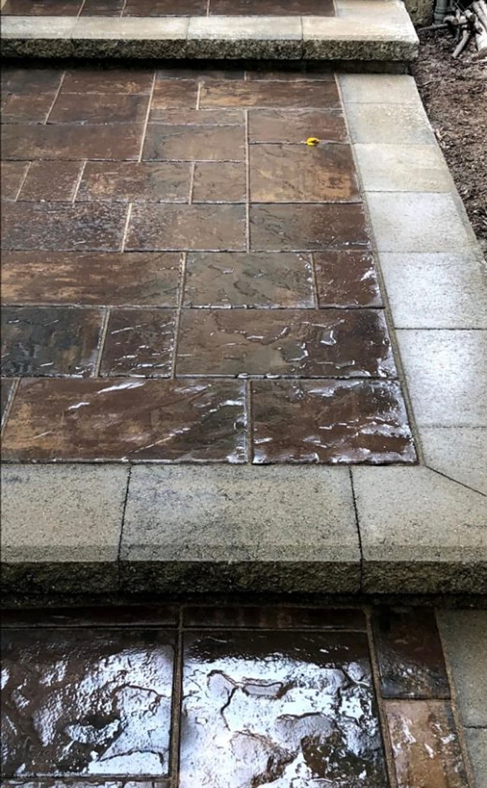 Wet stamped concrete pathway with natural stone steps, showcasing rich brown tones.