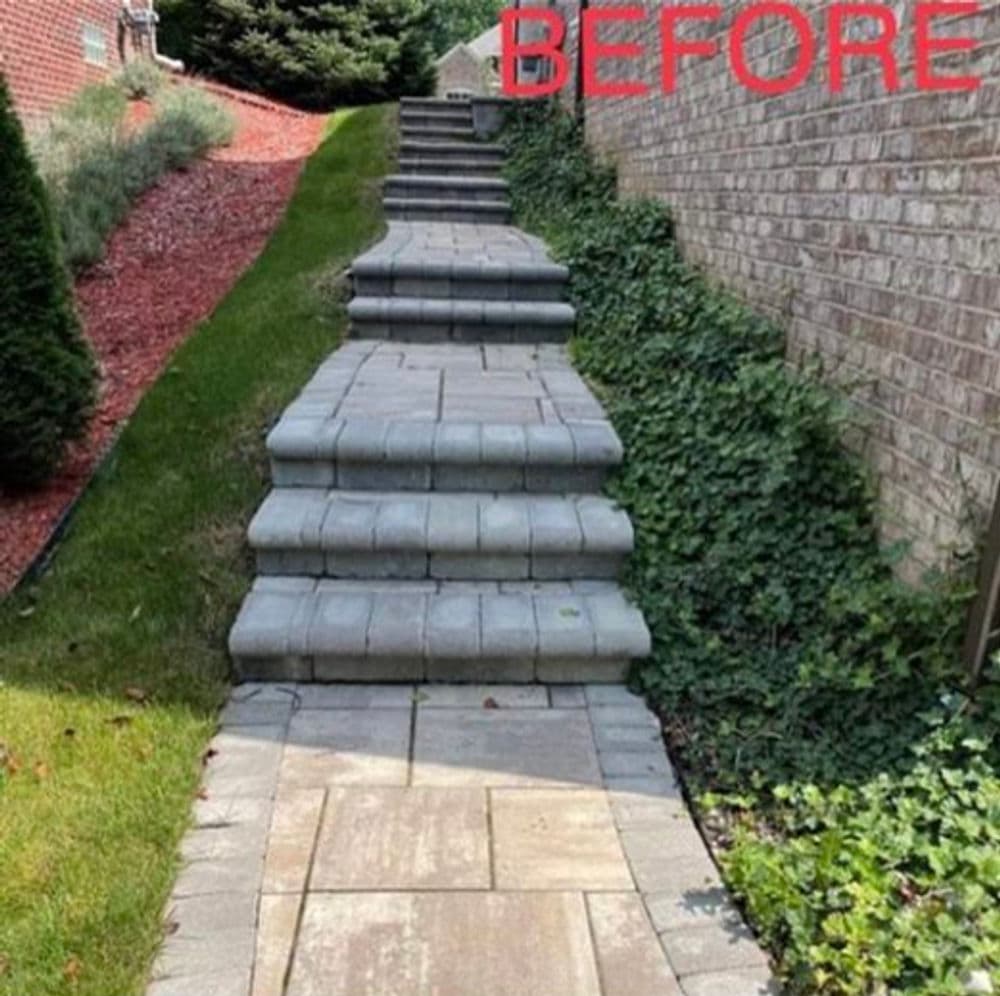 Before photo of a stone walkway with stairs, bordered by greenery and red mulch.